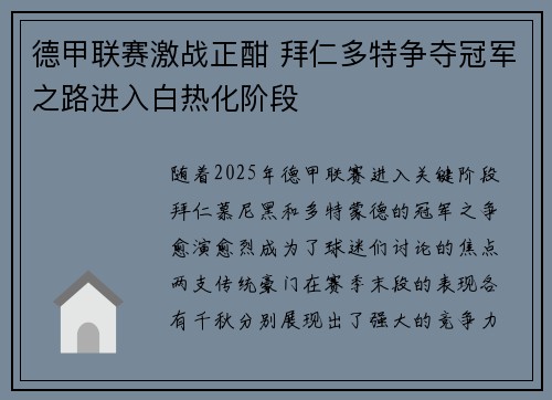 德甲联赛激战正酣 拜仁多特争夺冠军之路进入白热化阶段