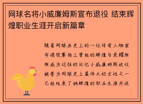 网球名将小威廉姆斯宣布退役 结束辉煌职业生涯开启新篇章