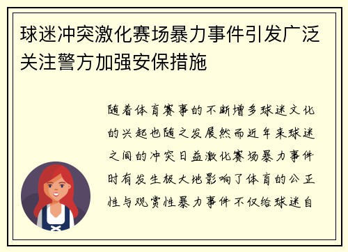 球迷冲突激化赛场暴力事件引发广泛关注警方加强安保措施