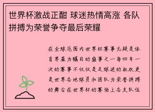 世界杯激战正酣 球迷热情高涨 各队拼搏为荣誉争夺最后荣耀
