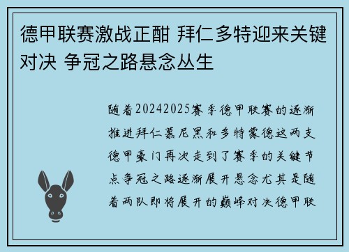 德甲联赛激战正酣 拜仁多特迎来关键对决 争冠之路悬念丛生