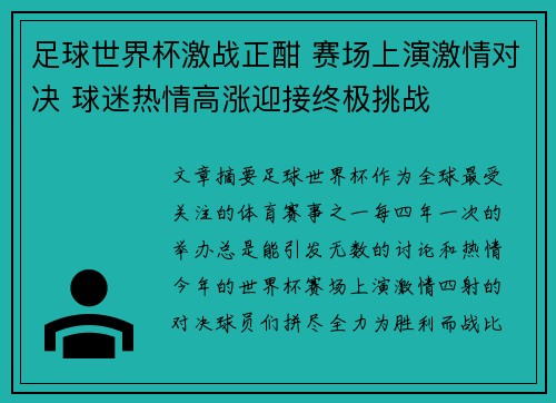 足球世界杯激战正酣 赛场上演激情对决 球迷热情高涨迎接终极挑战