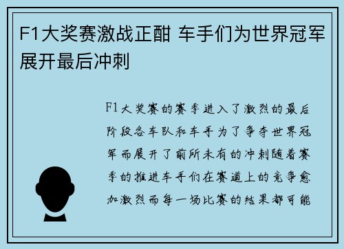 F1大奖赛激战正酣 车手们为世界冠军展开最后冲刺