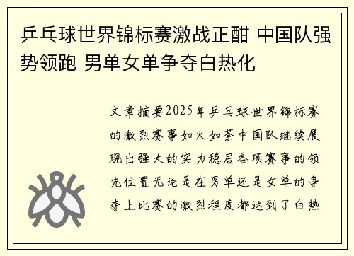 乒乓球世界锦标赛激战正酣 中国队强势领跑 男单女单争夺白热化